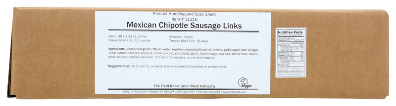 Field Roast Mexican Chipotle Sausage Links 10 Pound Each - 1 Per Case.