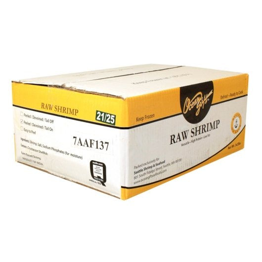 Frozen Seafood Commodity Shrimp Raw Peeled & Deveined 21/25 Count Tail On 2 Pound Each - 5 Per Case.