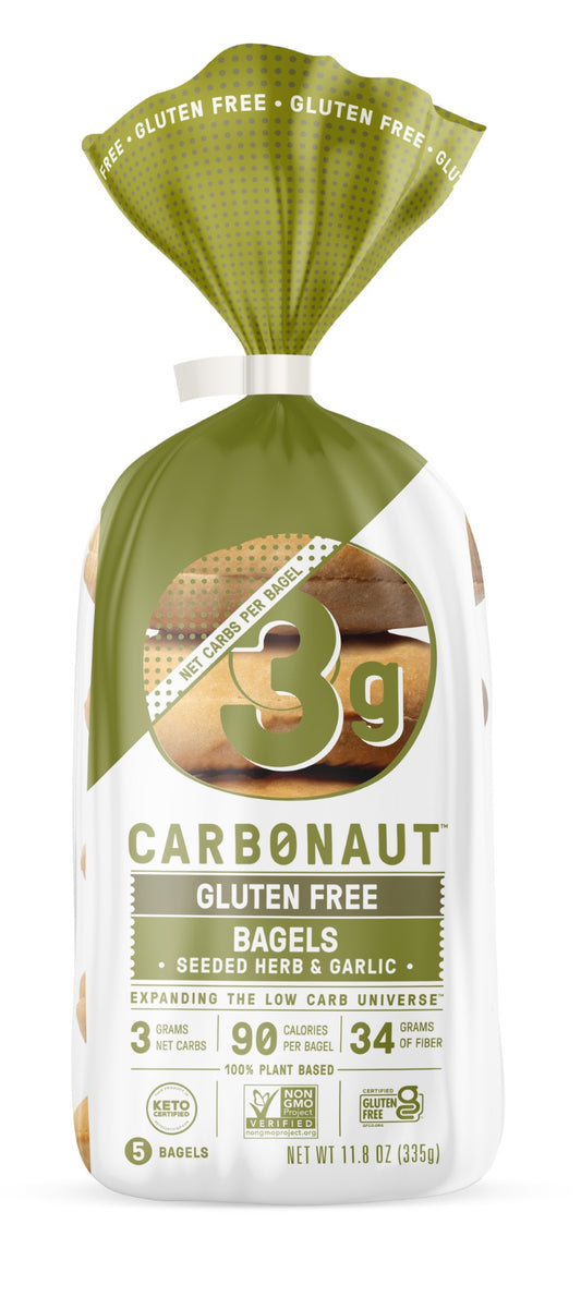 Carbonaut Seeded Herb & Garlic Gluten Free Low Carb Bagel 5 Count Packs - 6 Per Case.