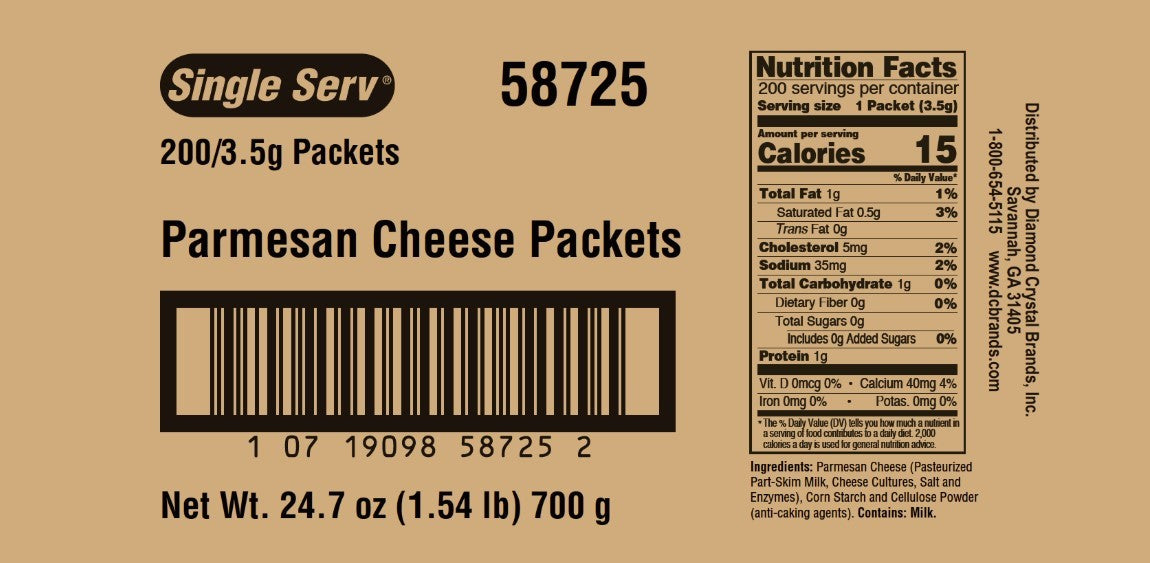 Single Serv Parmesan Cheese Pouch 3.5 Grams Each - 200 Per Case.