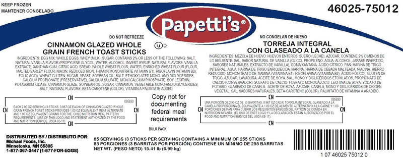 Papetti's® Fully Cooked Whole Grain Cinnamon Glaze French Toast Sticks 2.9 Ounce Size - 85 Per Case.