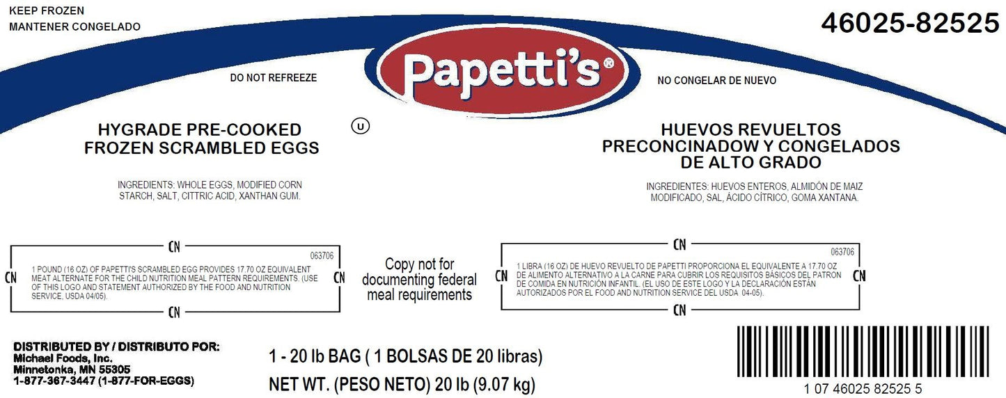 Papetti's® Fully Cooked Scrambled Eggs Bag 20 Pound Each - 1 Per Case.