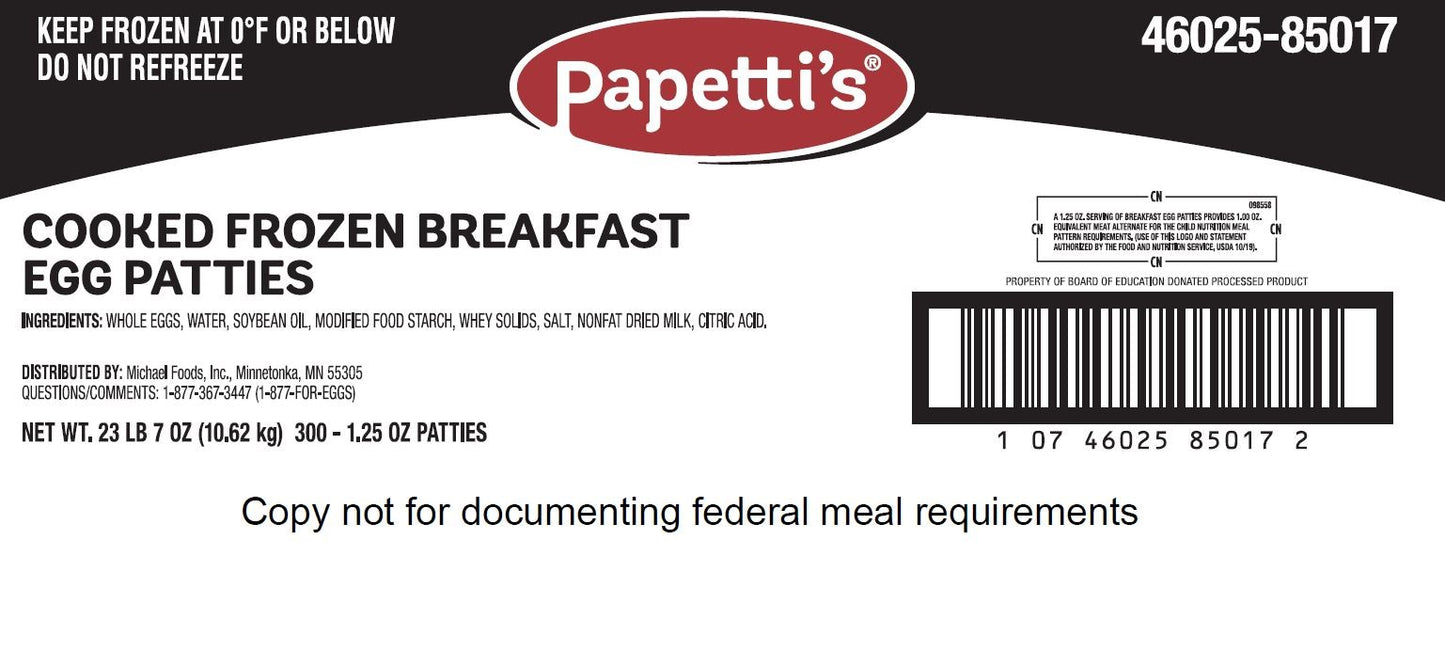 Papetti's® Fully Cooked " Round Scrambled Egg Patties 1.25 Ounce Size - 300 Per Case.