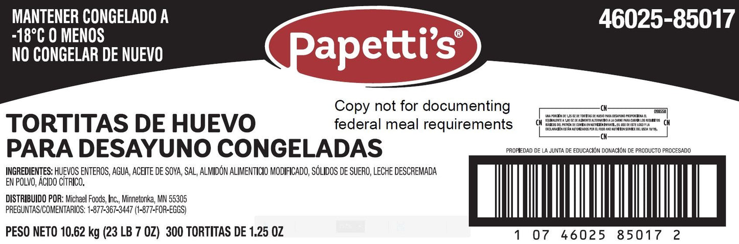 Papetti's® Fully Cooked " Round Scrambled Egg Patties 1.25 Ounce Size - 300 Per Case.