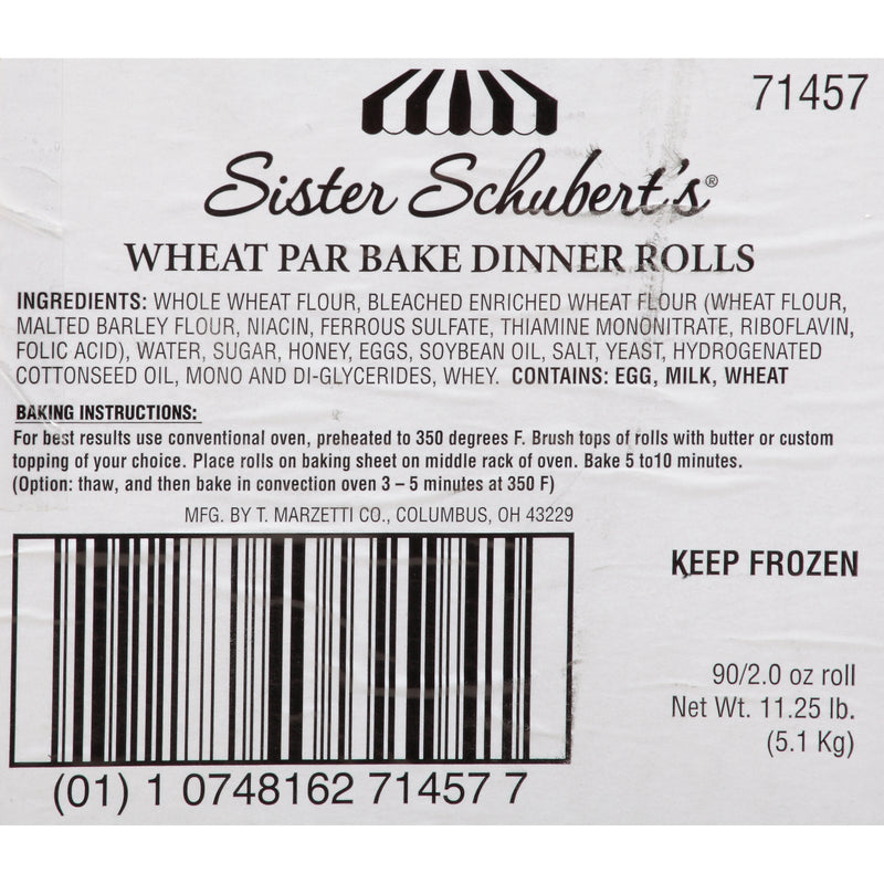 Sister Schubert's Wheat Rolls Wwhole Grain 90 Count Packs - 1 Per Case.