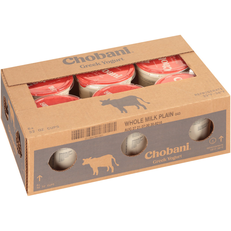 Chobani® Whole Milk Plain Greek Yogurt 32 Ounce Size - 6 Per Case.