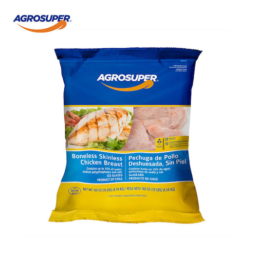 Agro Super Marinated Skinless Boneless Chicken Breast IQF 10 Pound Each - 4 Per Case.