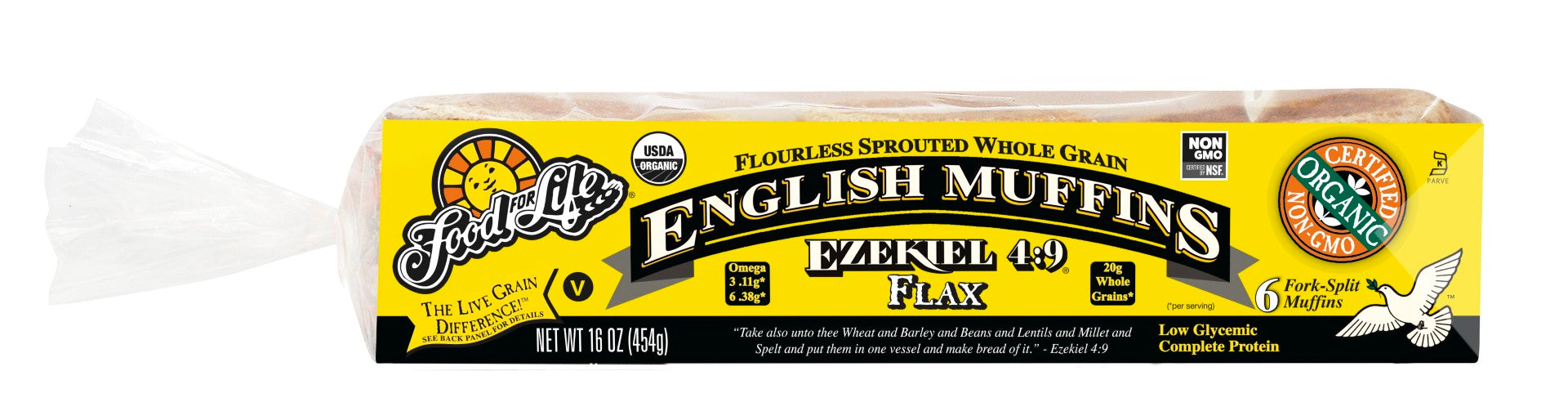 Food For Life Organic Ezekiel Sprouted Grain Flax English Muffin 16 Ounce Size - 6 Per Case.