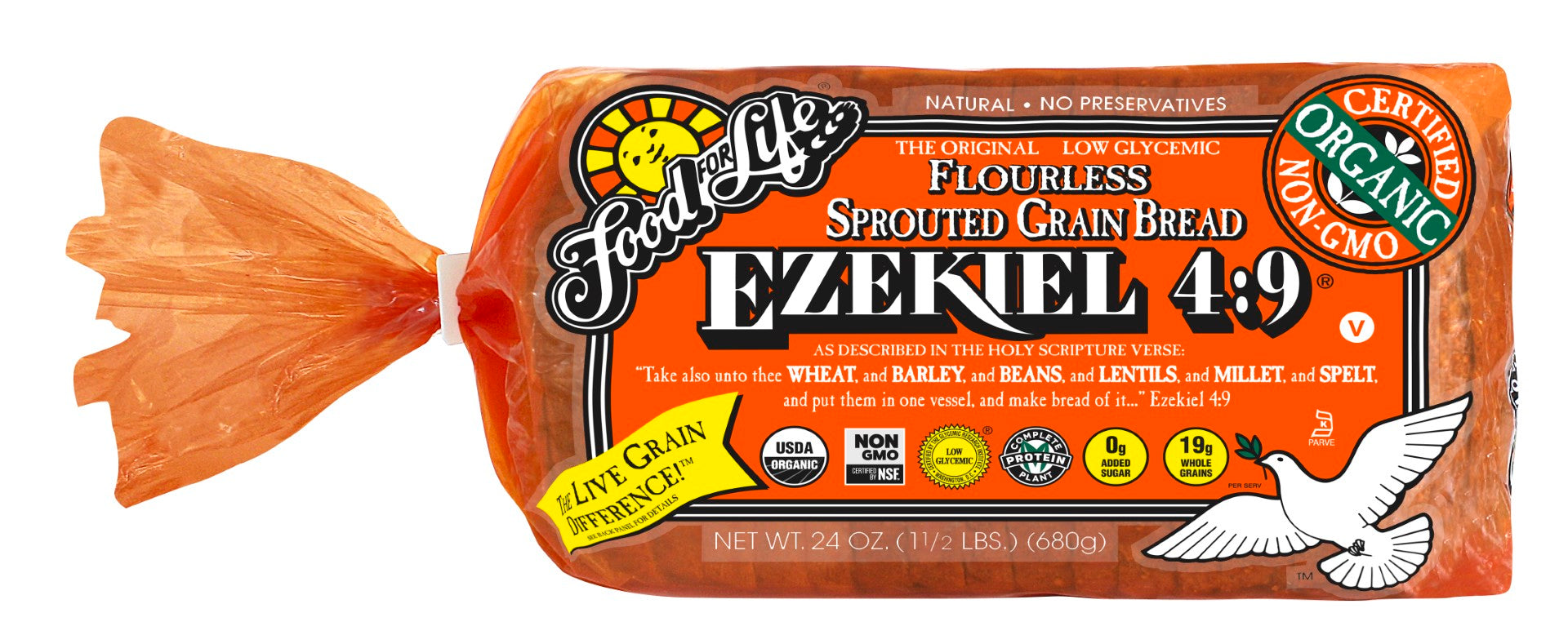 Food For Life Organic Ezekiel Sprouted Whole Grain Bread 24 Ounce Size - 6 Per Case.