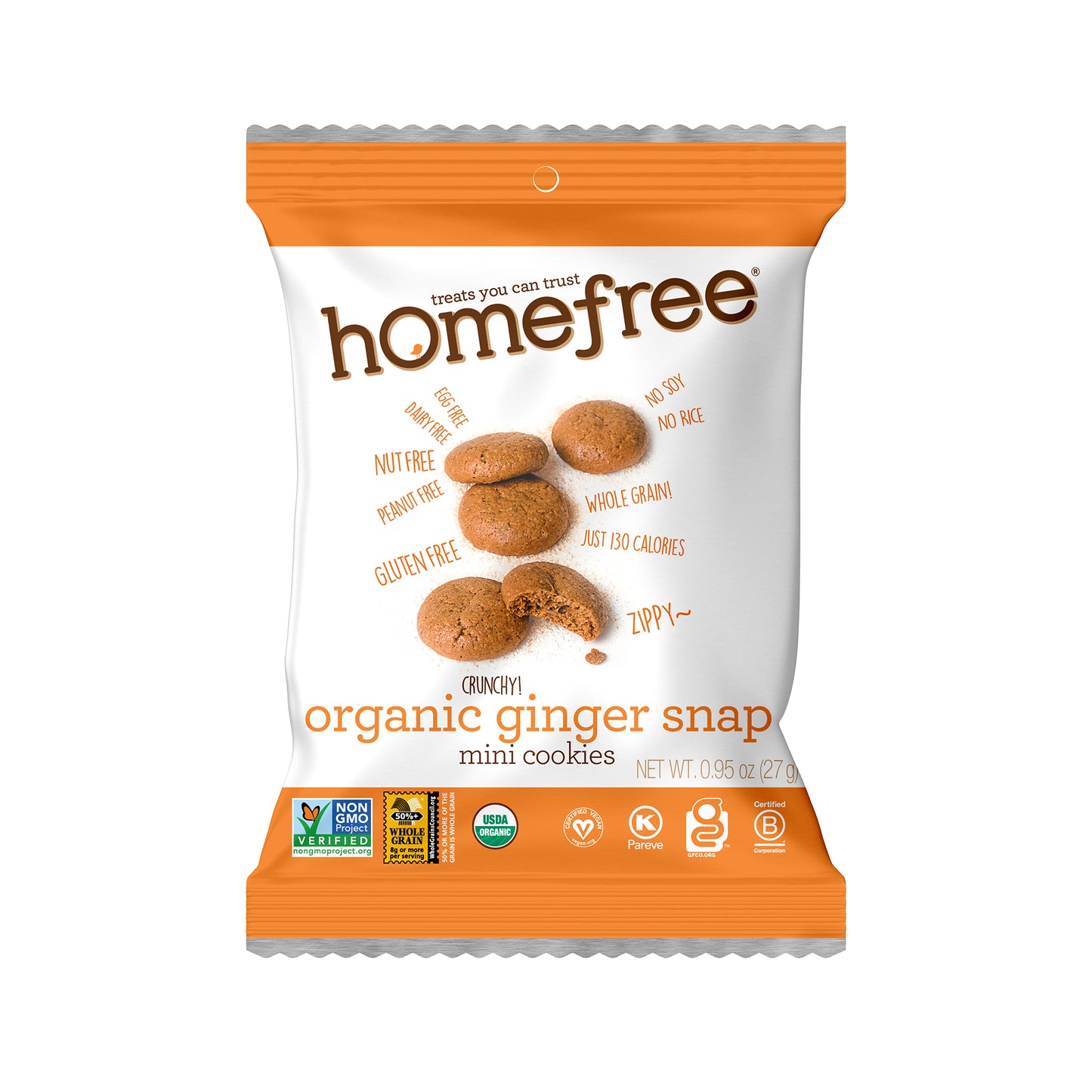 Organic Ginger Snap Mini Cookies Gluten Free Grab & Go Tray 0.95 Ounce Size - 10 Per Case.