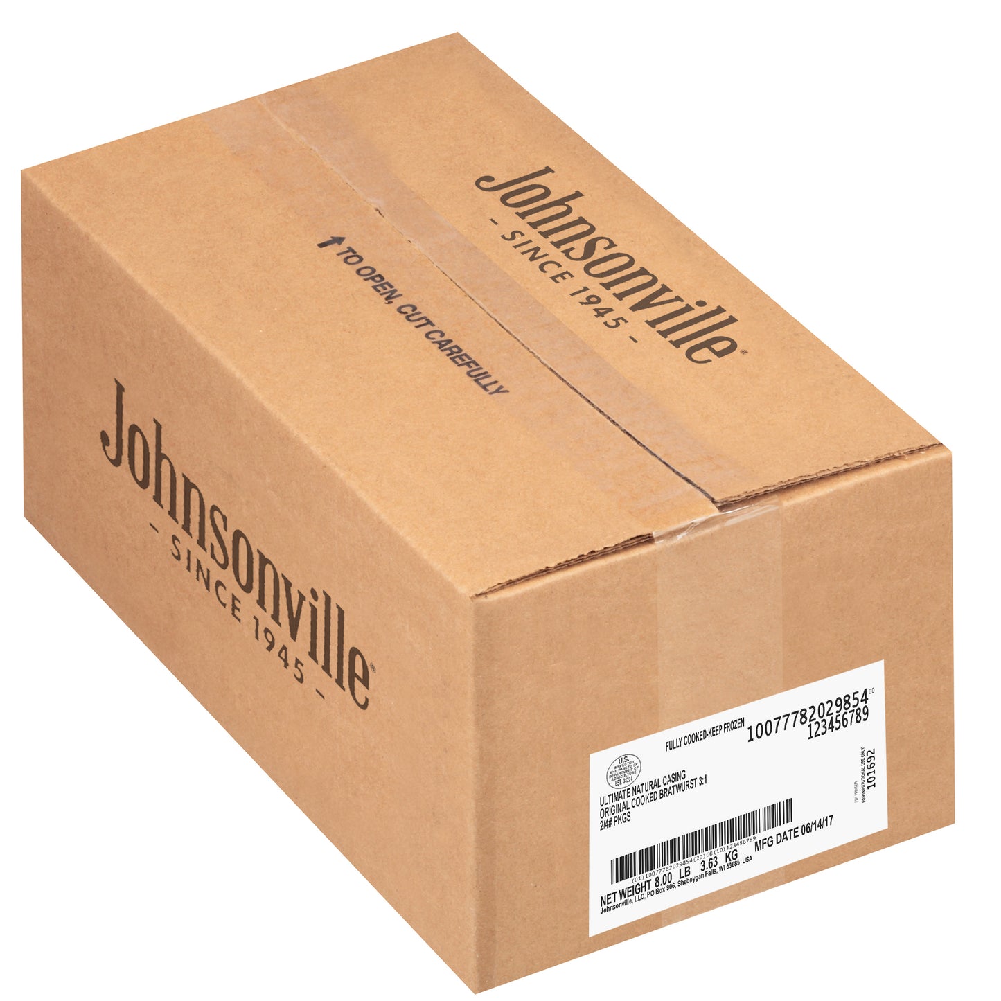 Johnsonville Cooked Natural Casing Original Bratwurst Pork Sausage Links 4 Pound Each - 2 Per Case.