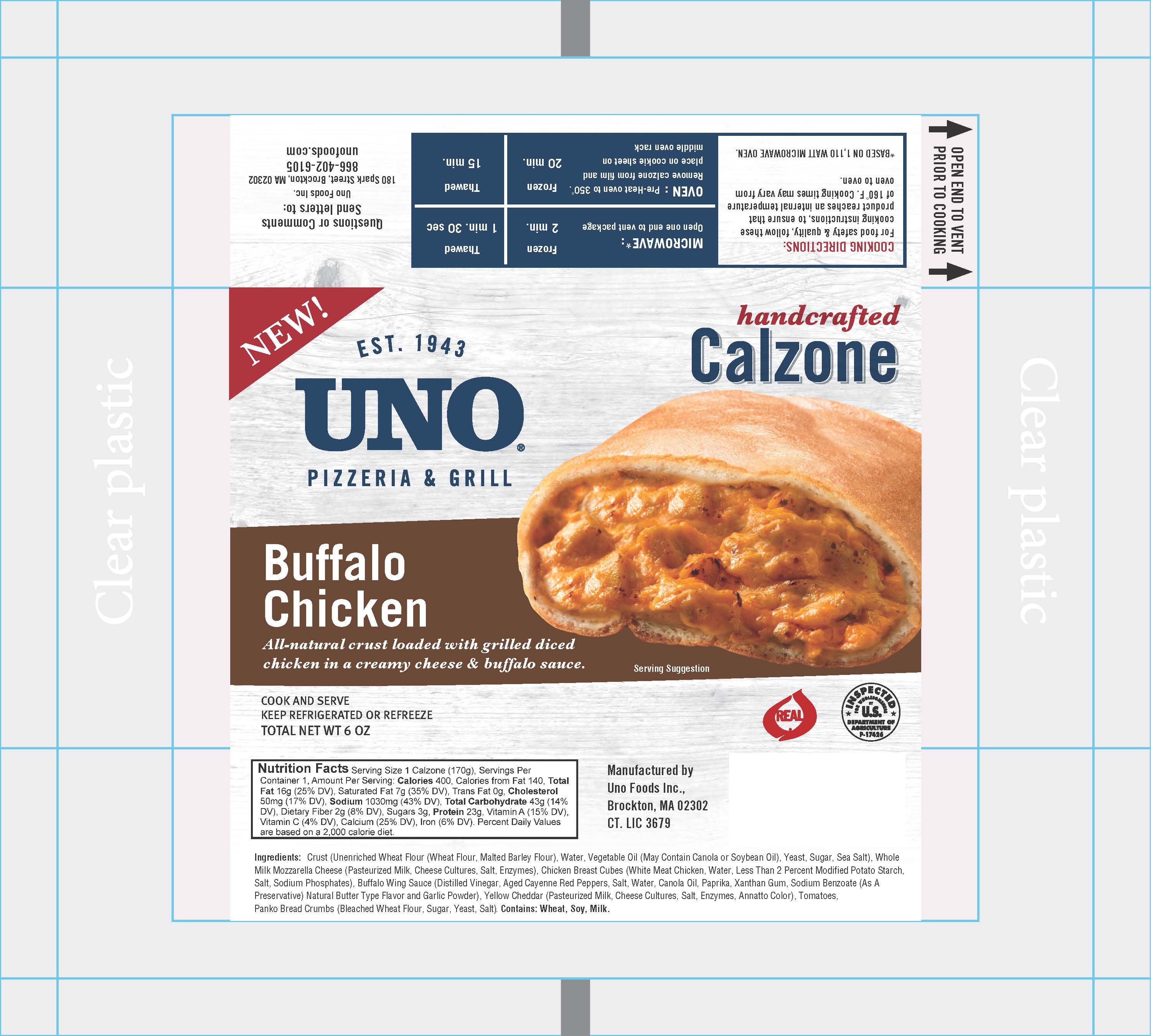 Uno Foods Inc Individual Buffalo Chicken Calzone 6 Ounce Size - 8 Per Case.