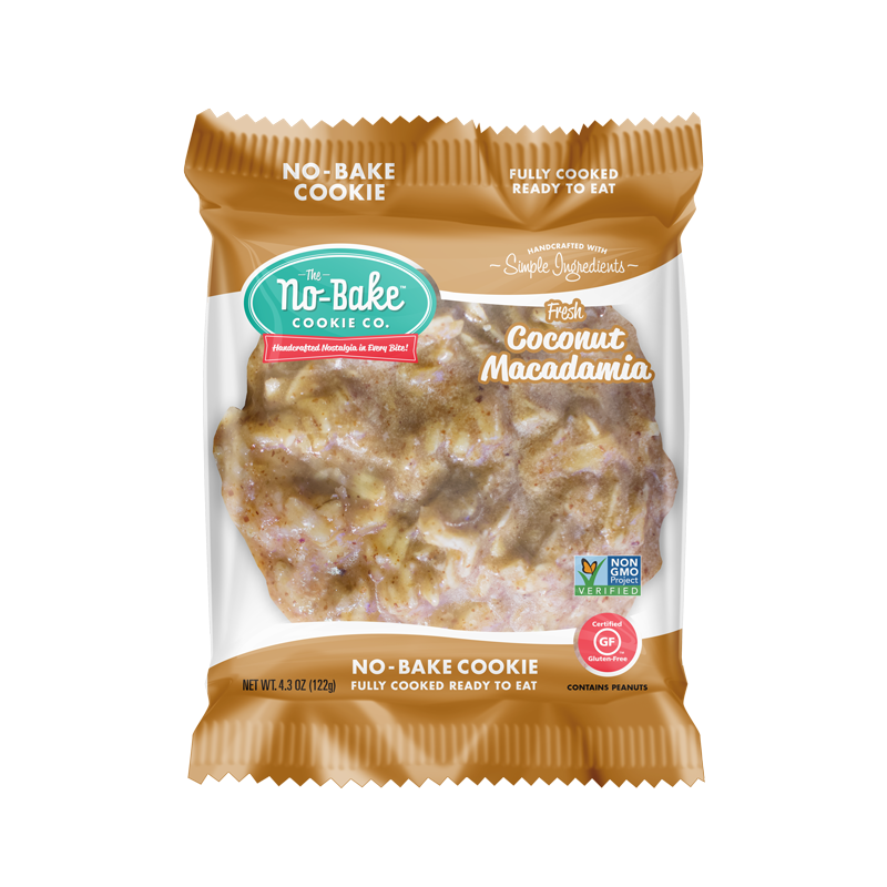 The No Bake Cookie Co Fresh Coconut Macadamia Large Individually Wrapped 4.3 Ounce Size - 72 Per Case.