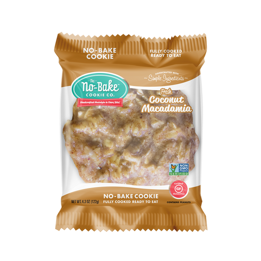 The No Bake Cookie Co Fresh Coconut Macadamia Large Individually Wrapped 4.3 Ounce Size - 72 Per Case.