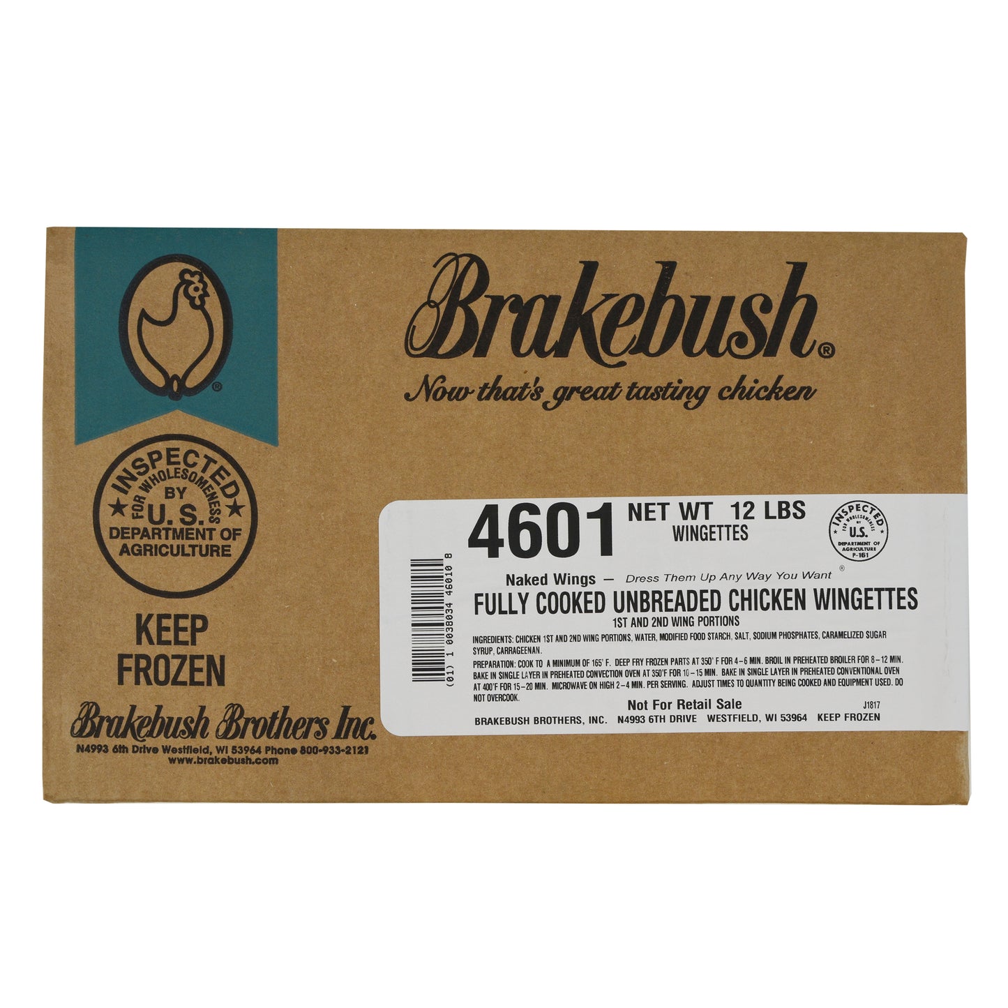 Brakebush Fully Cooked Naked Unbreaded Chicken Wingettes, 6 Pounds 6 Pound Each - 2 Per Case.