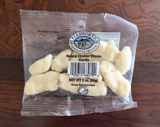 Ellsworth Natural White Cheddar Cheese Curds 2 Ounce Size - 24 Per Case.