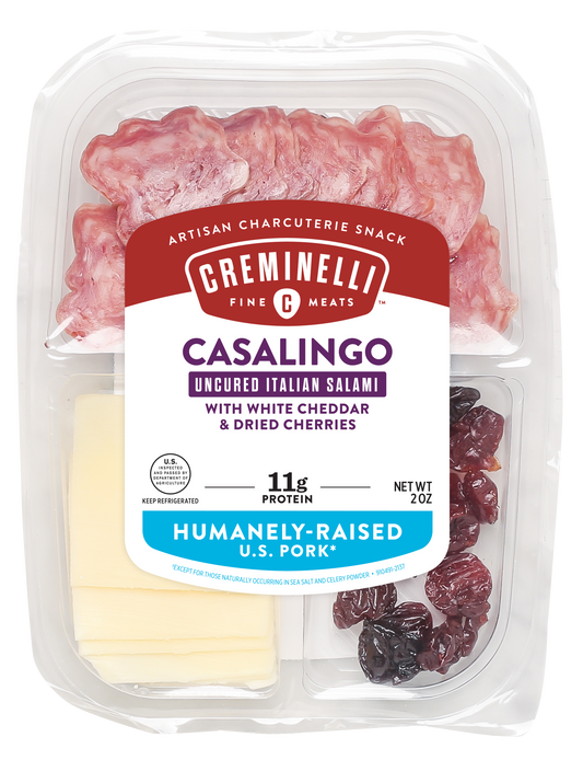 Sliced Casalingo White Cheddar & Cherries Snack Tray Casalingo Salami Paired With Creamy 2 Ounce Size - 12 Per Case.