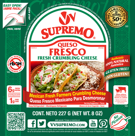 Supremo Queso Fresco Fresh Crumbling Cheese 8 Ounce Size - 12 Per Case.