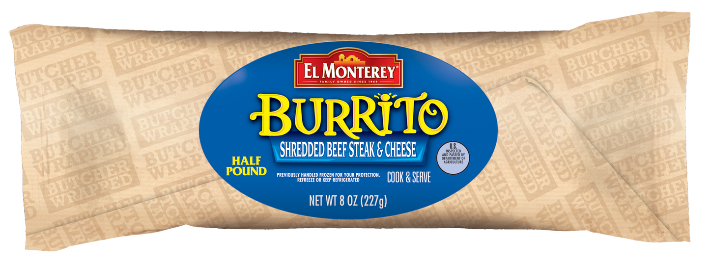 Burrito El Monterey Shredded Beef Steak And Cheese Individually Wrapped 8 Ounce Size - 12 Per Case.