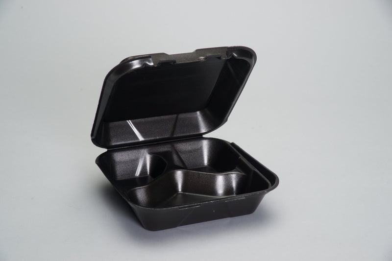 Medium Compartment Snap It Foam Hinged Dinner Container Black 100 Each - 200 Per Case.