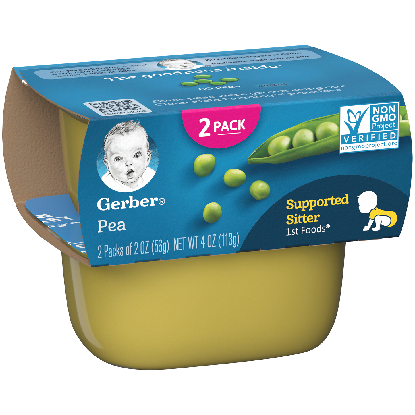 (2 Pack of 2 Oz) Gerber 1st Foods Pea Baby Food 4 Ounce Size - 8 Per Case.