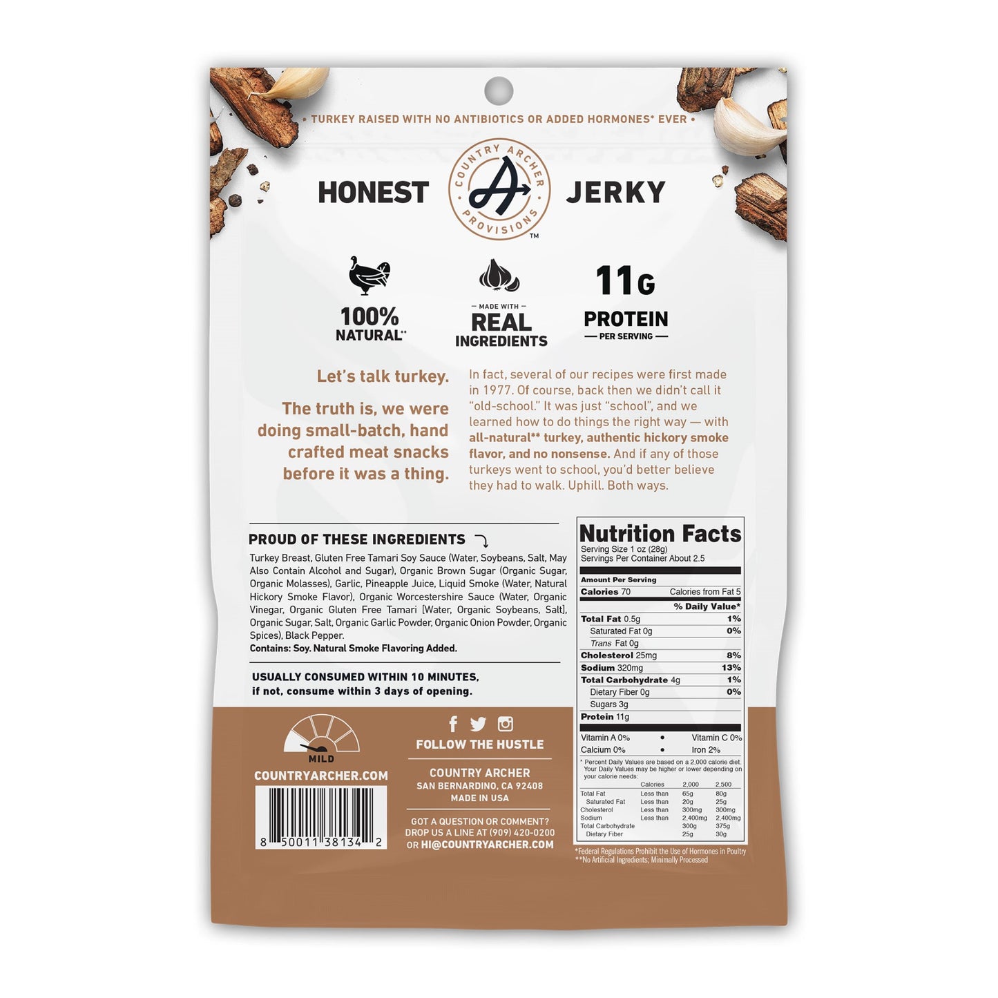 Country Archer Jerky Co Hickory Smoke Turkeyjerky 2.5 Ounce Size - 12 Per Case.