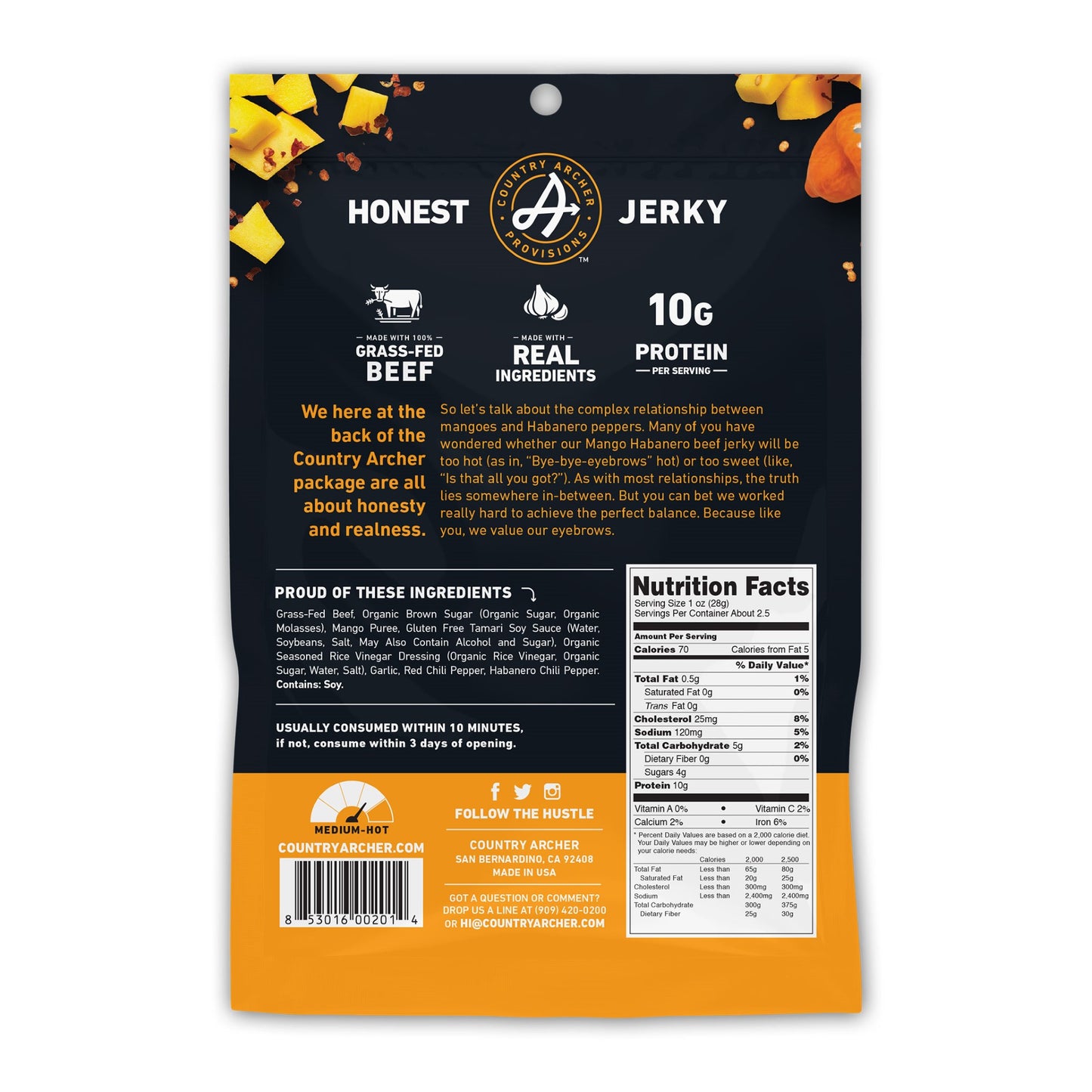 Country Archer Jerky Co Mango Habanero Jerky 2.5 Ounce Size - 12 Per Case.