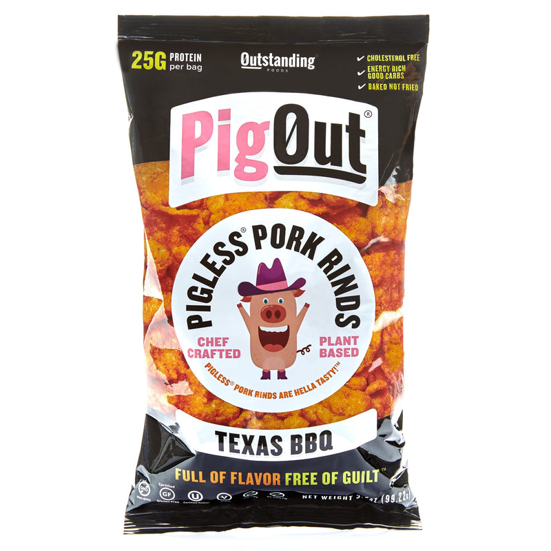 Pigout BBQ Pigless Pork Rinds 3.5 Ounce Size - 12 Per Case.