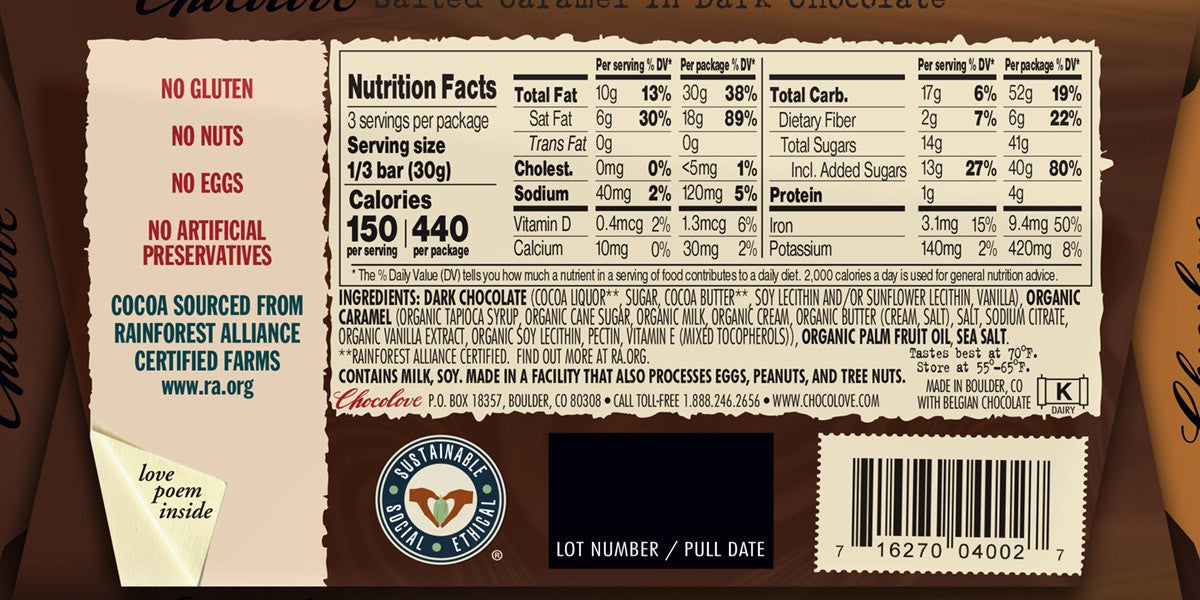 Salted Caramel In Dark Chocolate (Master Case) 3.2 Ounce Size - 120 Per Case.