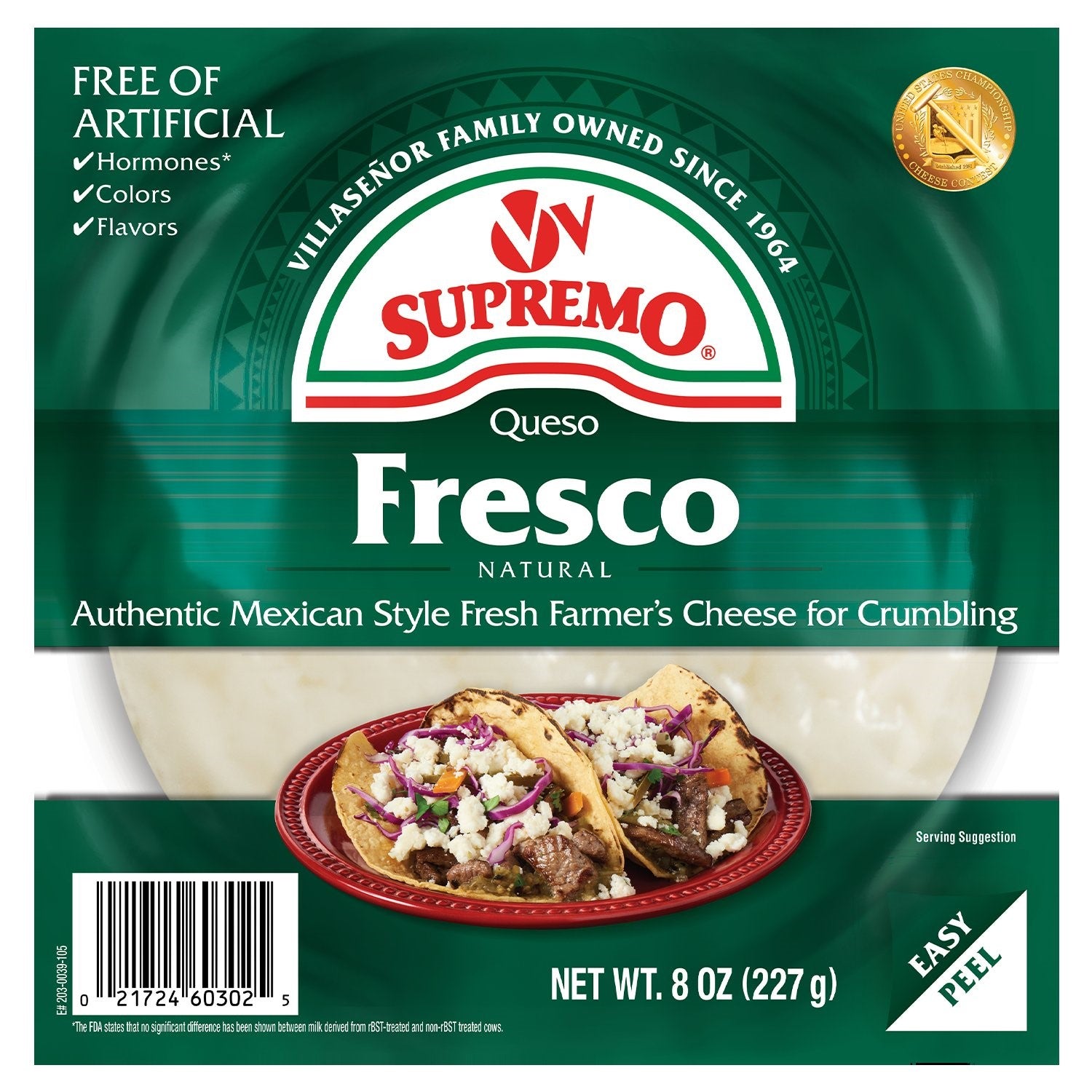 Supremo Queso Fresco Fresh Crumbling Cheese 8 Ounce Size - 12 Per Case.