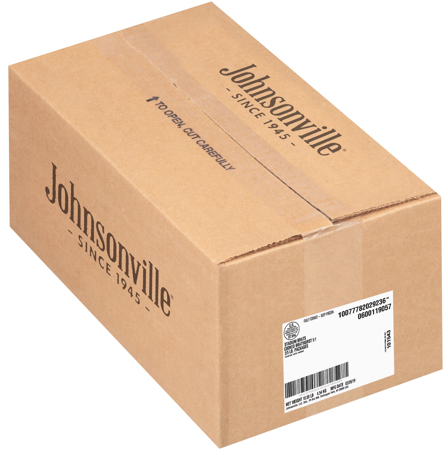 Johnsonville Cooked Skinless Stadium Style Pork Sausage Bratwurst Links 5 Pound Each - 2 Per Case.