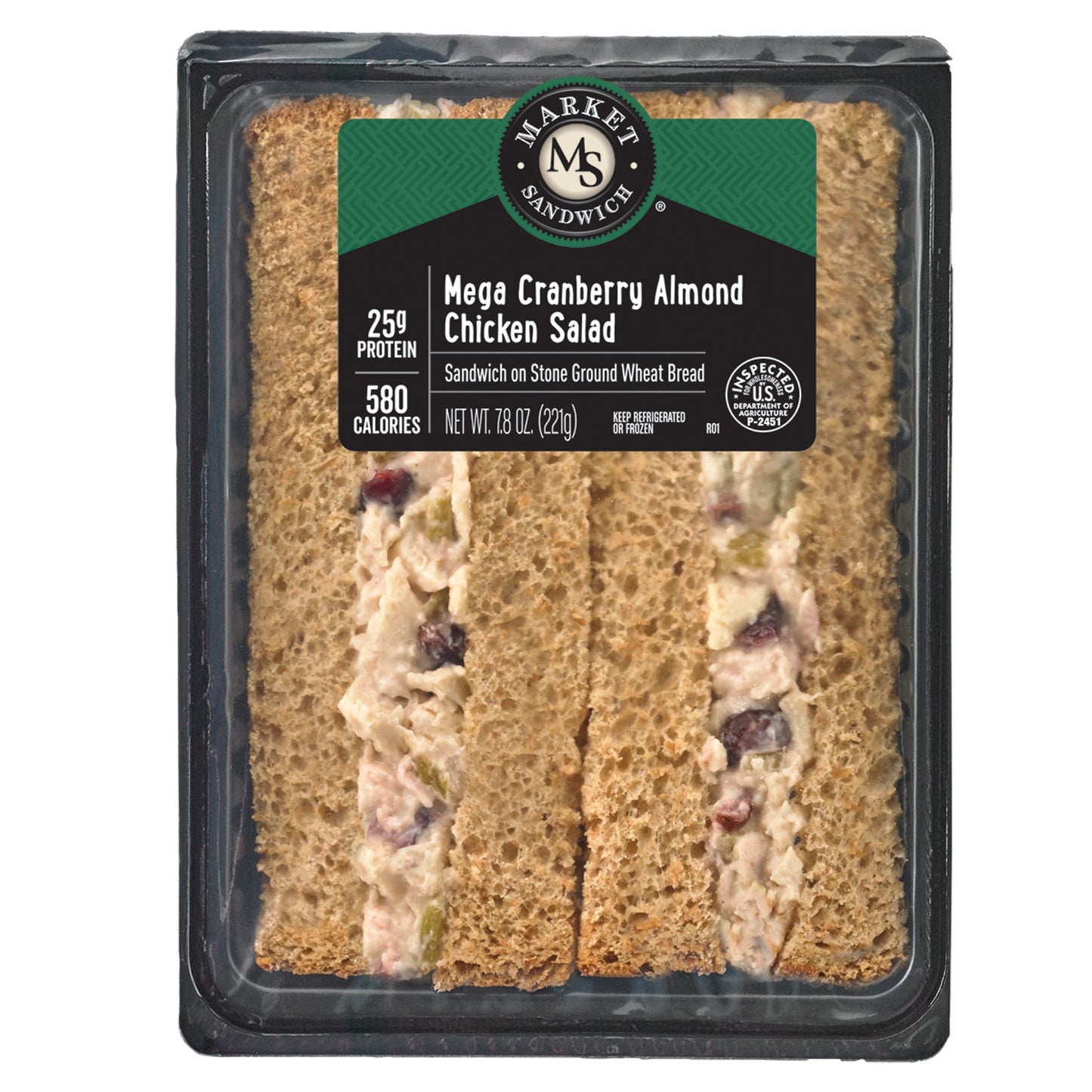 Market Sandwich Mega Cranberry Almond Chicken Salad On Stone Ground Wheat Bread Wedge Sandwich 7.8 Ounce Size - 8 Per Case.