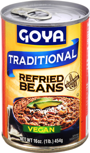 Goya Traditional Refried Beans Vegan 16 Ounce Size - 12 Per Case.