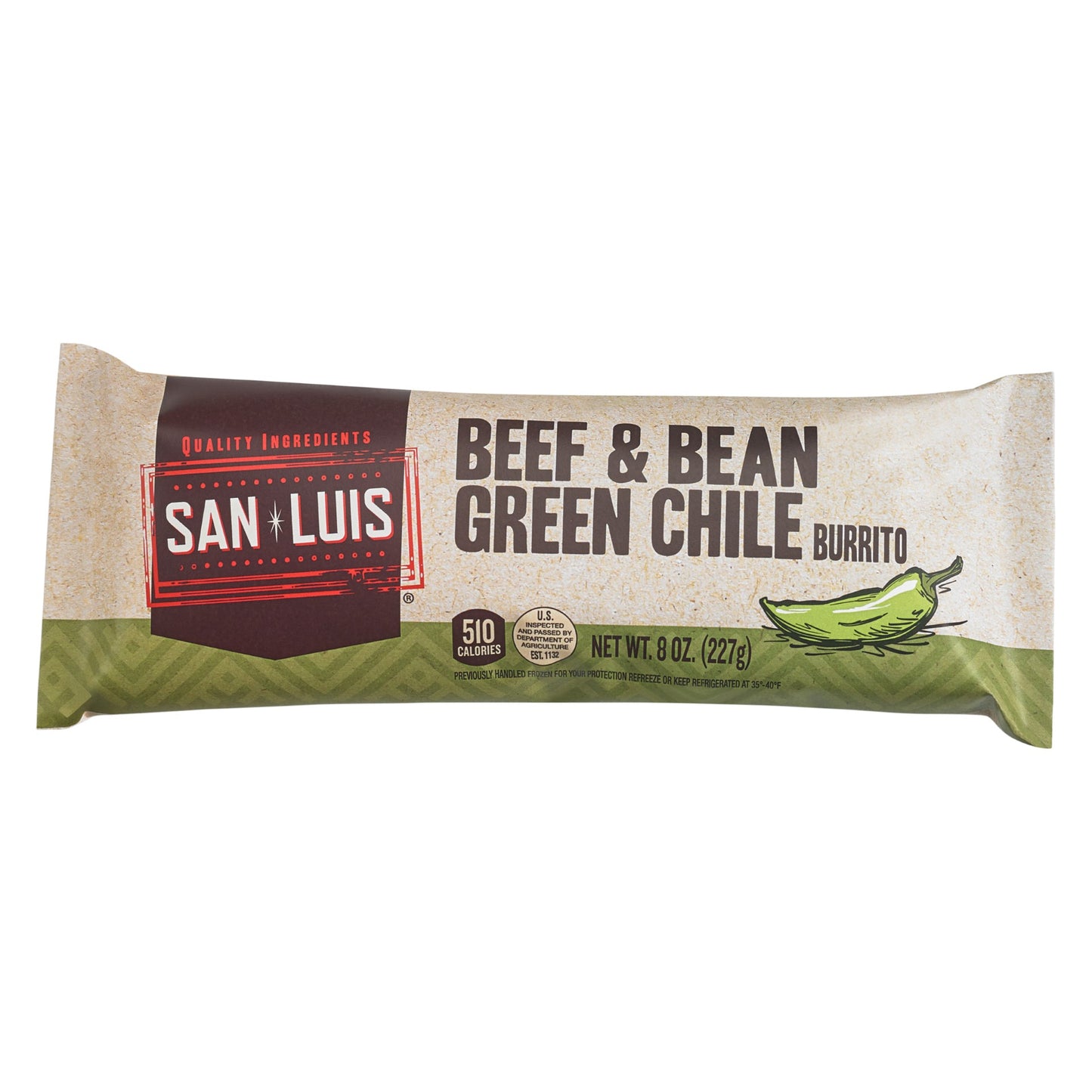 San Luis Beef & Bean Green Chile Burrito 8 Ounce Size - 10 Per Case.