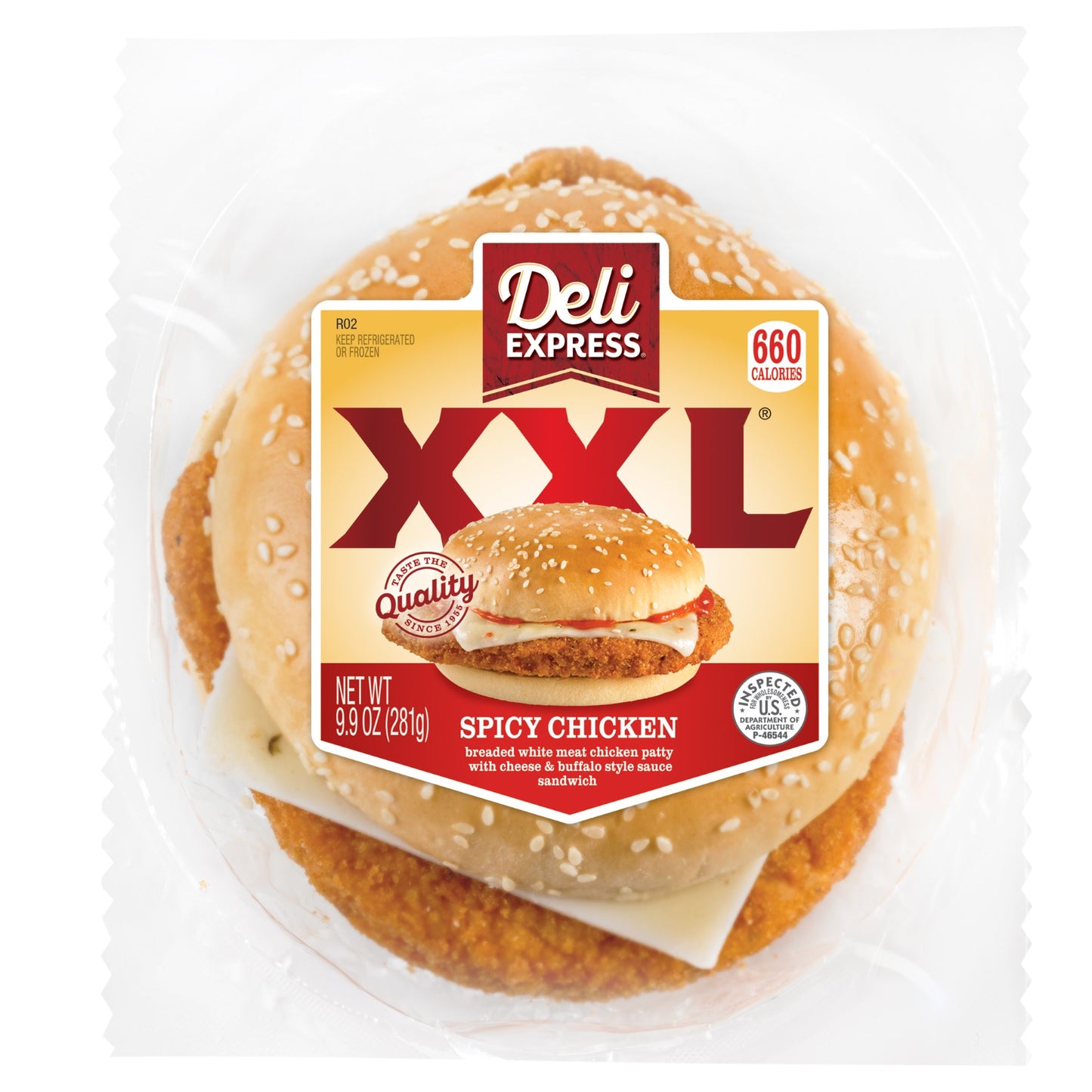 Deli Express XXL Spicy Chicken 9.9 Ounce Size - 6 Per Case.