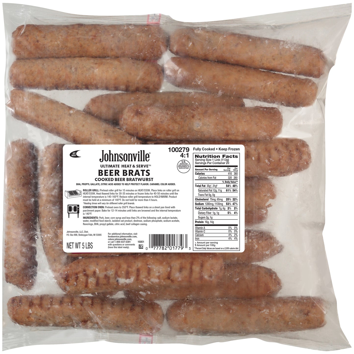 Johnsonville Cooked Beer Bratwurst Pork Sausage Links Food Service 5 Pound Each - 2 Per Case.