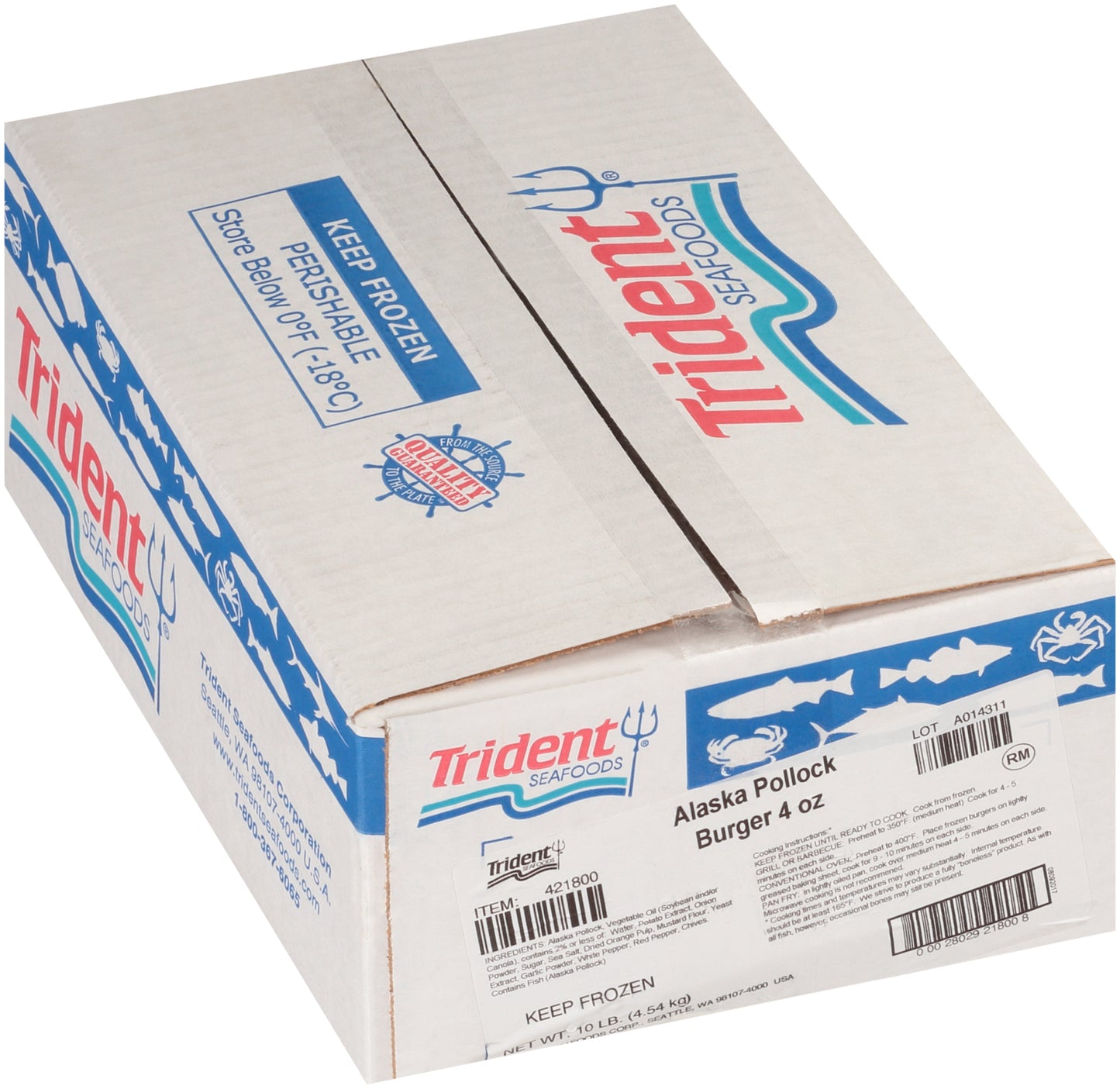 Frozen Seafood Trident Seafoods 4 Ounce Wild Caught Alaska Pollock Burger 10 Pound Each - 1 Per Case.