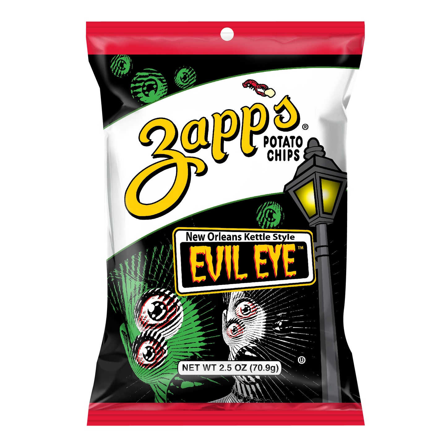 Zapp's Potato Chips New Orleans Kettle Style Evil Eye Kettle Chips 2.5 Ounce Size - 10 Per Case.