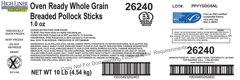 Oven Ready Whole Grain Breaded Pollock Sticks Msc 5 Pound Each - 2 Per Case.