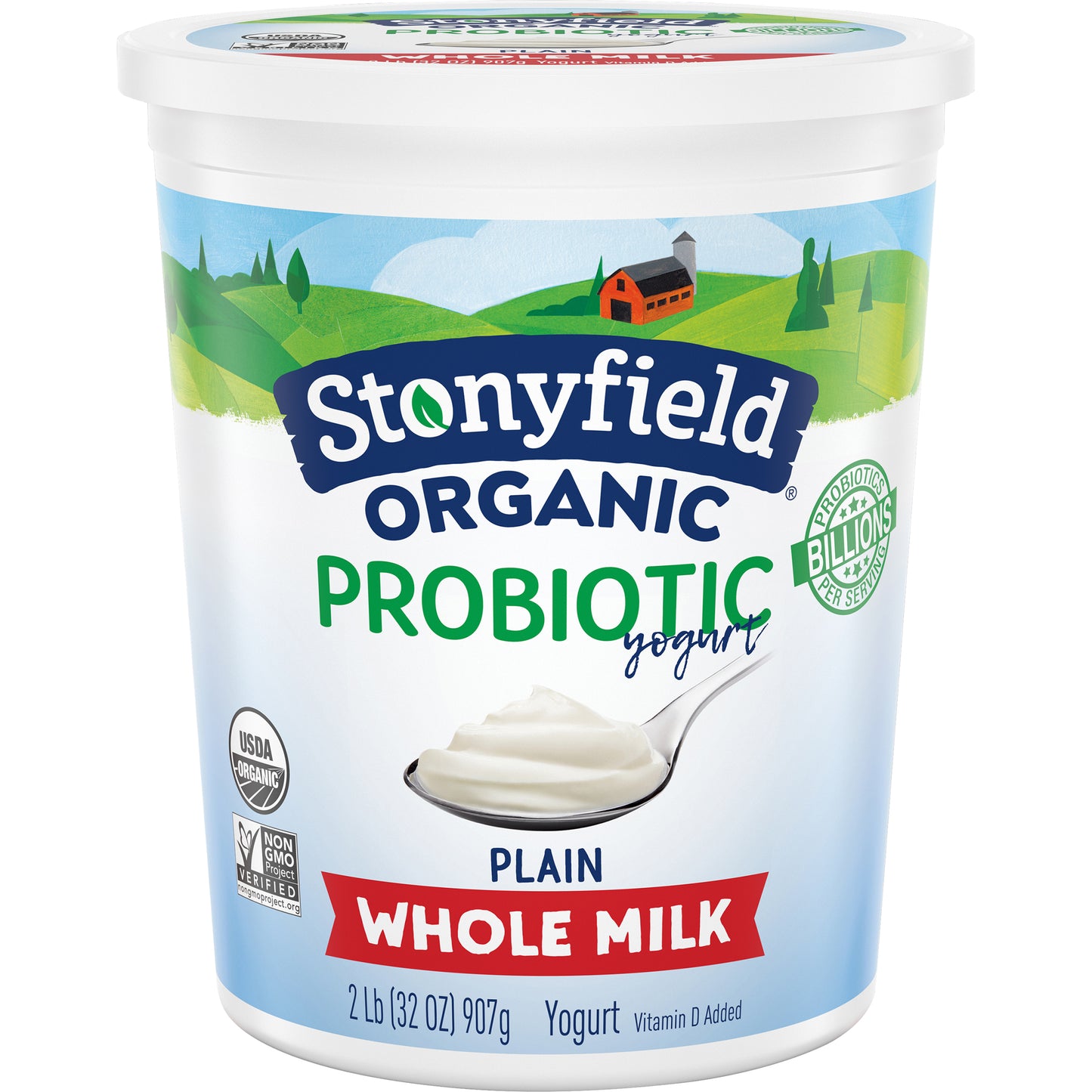 Stonyfield® Organic Plain Whole Milk Probiotic Yogurt Tub 32 Ounce Size - 6 Per Case.