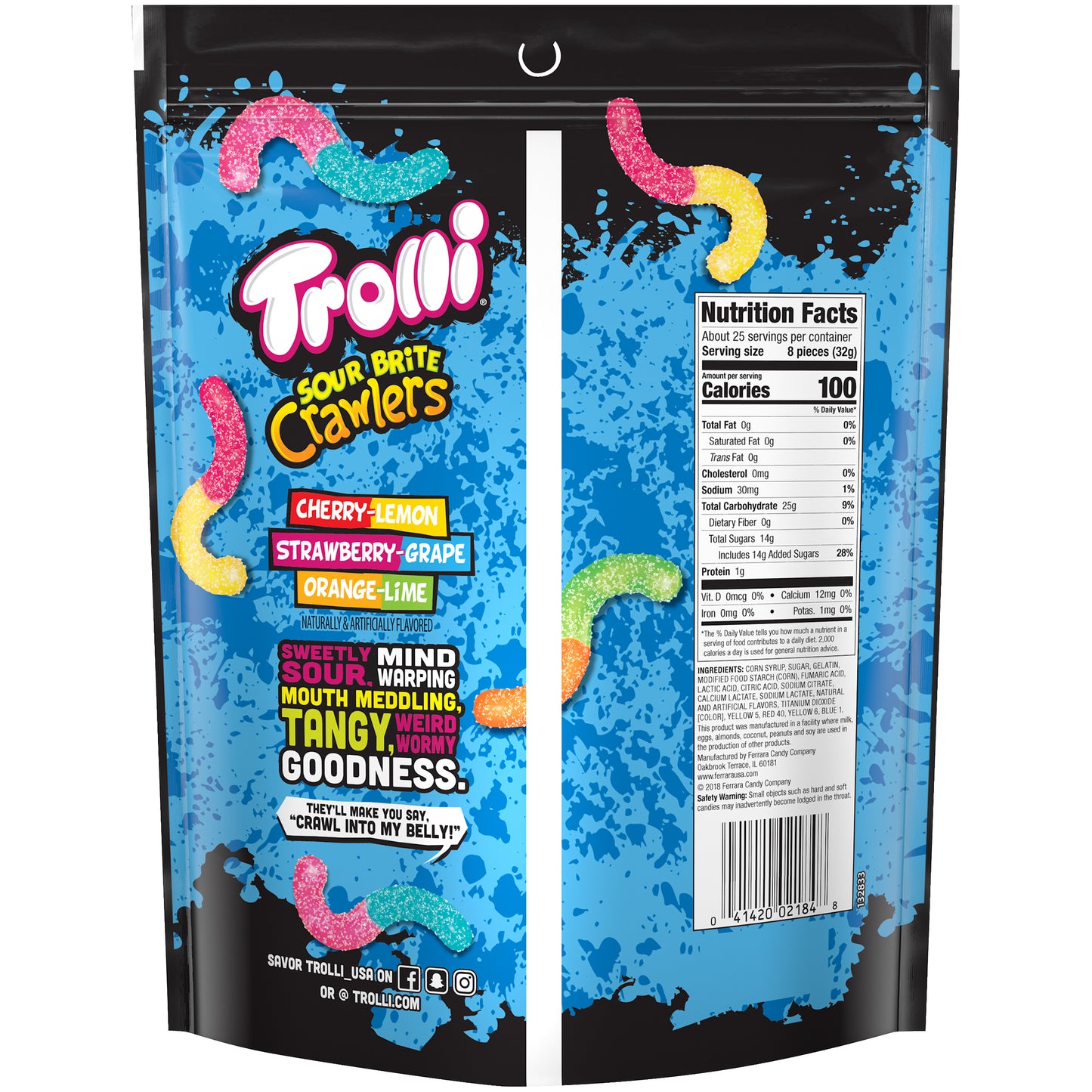 Trolli Sour Brite Crawlers Gummi Worms Sub 28.8 Ounce Size - 6 Per Case.