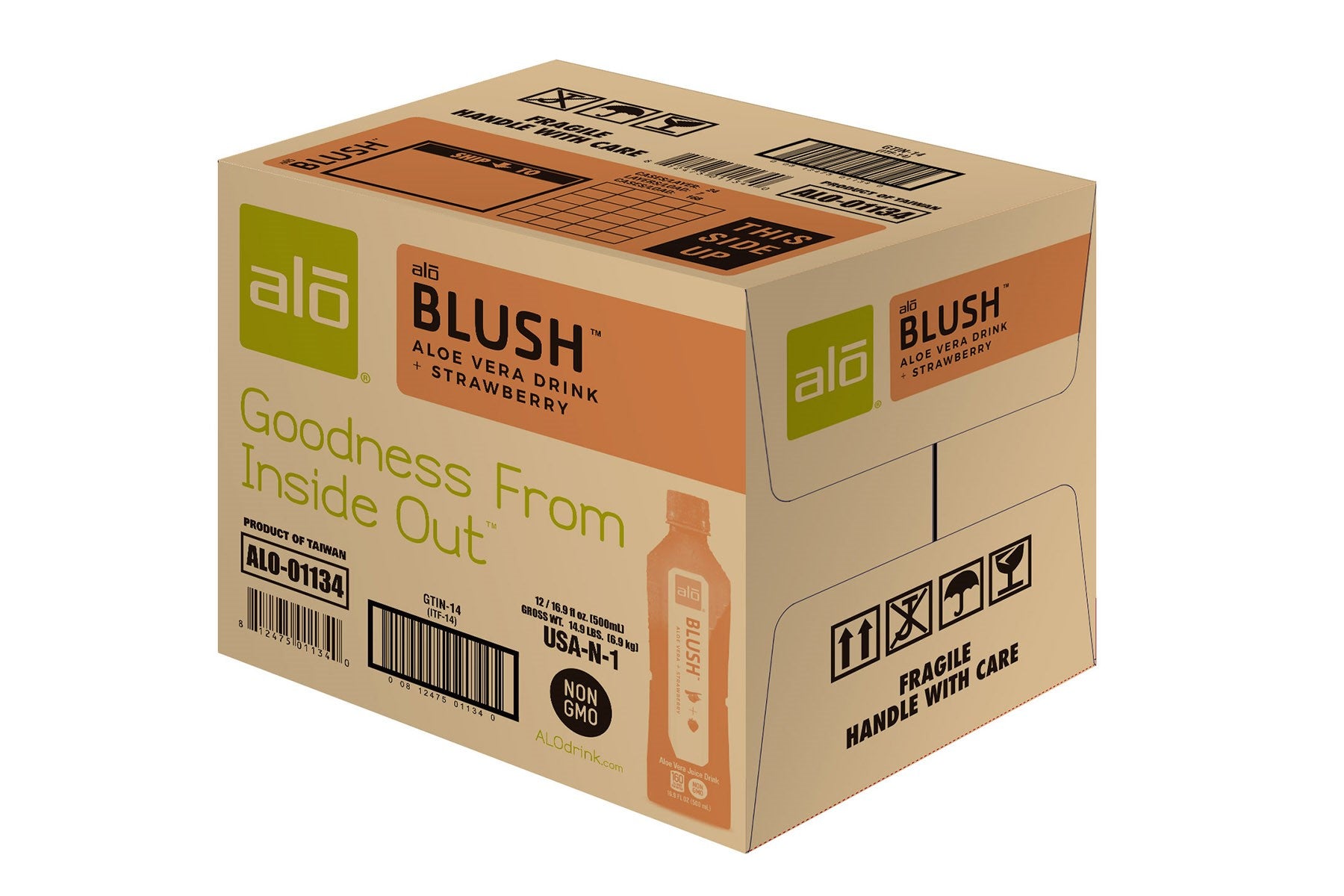 Alo Drink Blush Aloe Vera Plus Strawberry 16.9 Ounce Size - 12 Per Case.
