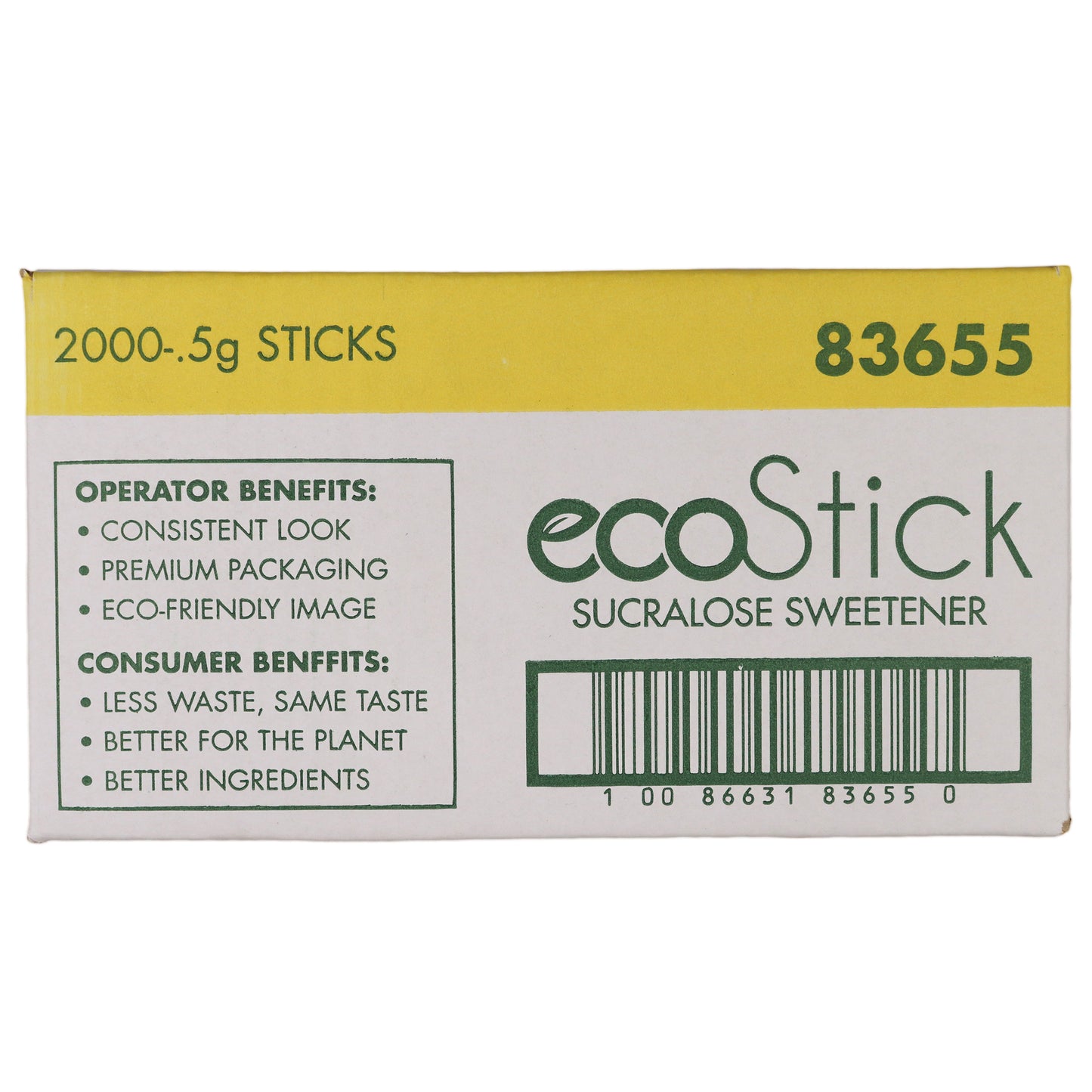 Ecostick Sugar Sweetened Sucralose Yellow Sticks 0.5 Grams Each - 2000 Per Case.