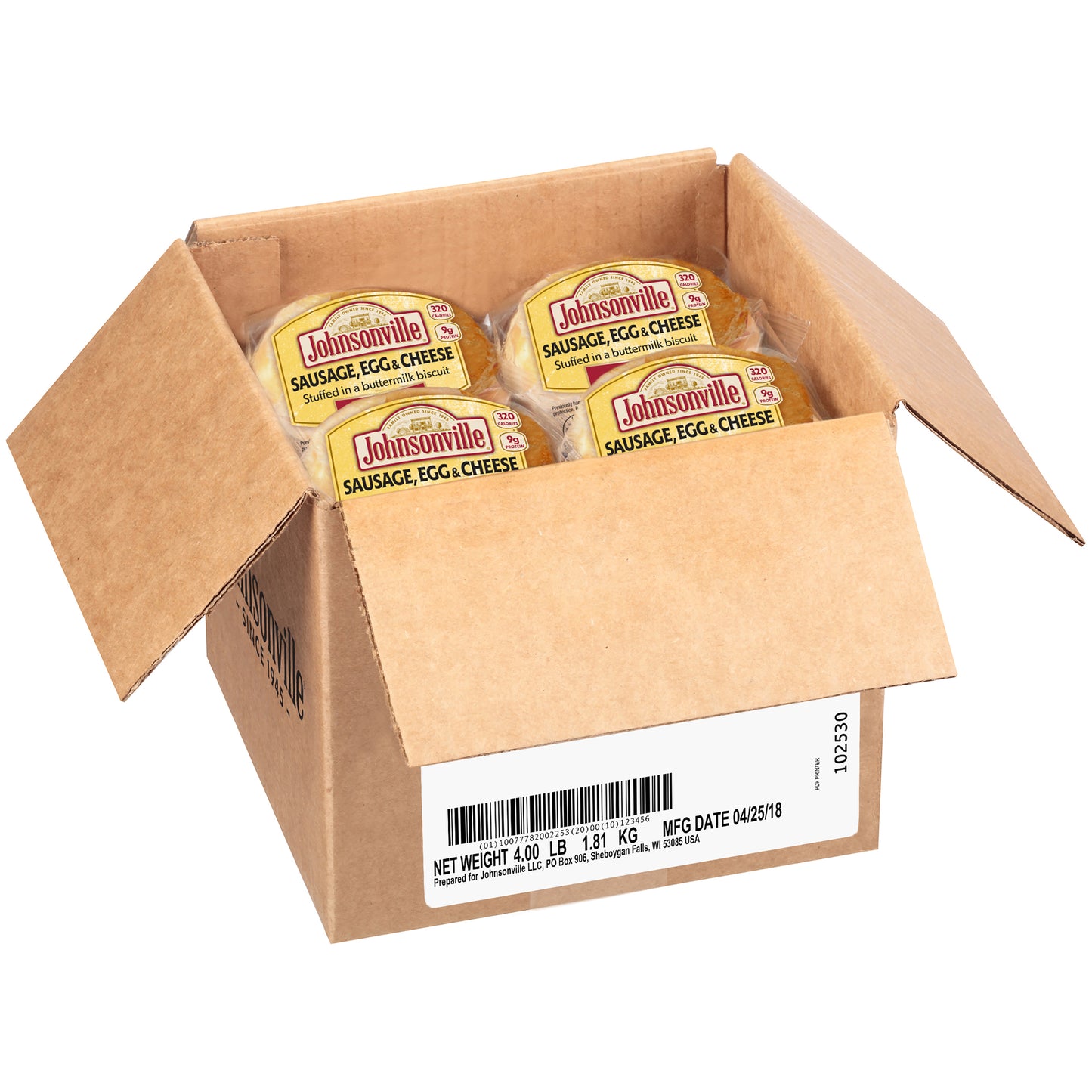 Johnsonville Pork Sausage Egg And Cheese Stuffed In A Buttermilk Biscuit Packagect 4 Ounce Size - 16 Per Case.