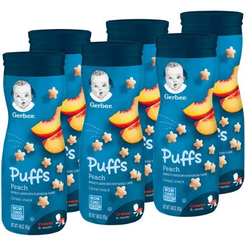 Gerber Graduates Cereal Snacks Peach Puffs 1.48 Ounce Size - 6 Per Case.