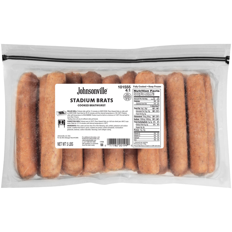 Johnsonville Cooked Stadium Style Pork Sausage Bratwurst Links Food Ser 5 Pound Each - 2 Per Case.