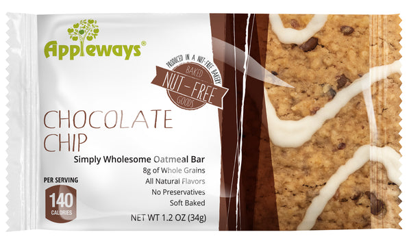 Appleways Whole Grain Soft Oatmeal Chocolate Chip Bars Individually Wrapped 1 Count Packs - 216 Per Case.