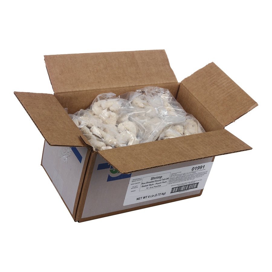 Raw Breaded Shrimp Rounds Tail Off Pouches 8 Ounce Size - 12 Per Case.