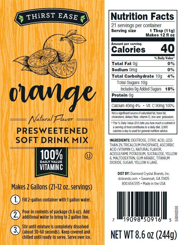 Thirst Ease Drink Mix Orange 8.6 Ounce Size - 12 Per Case.