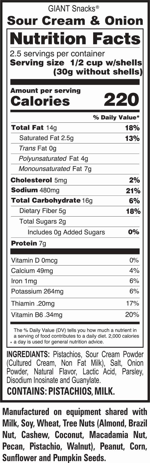 Giant Snack Inc Giants Pistachios Sour Creamonion 4.5 Ounce Size - 8 Per Case.